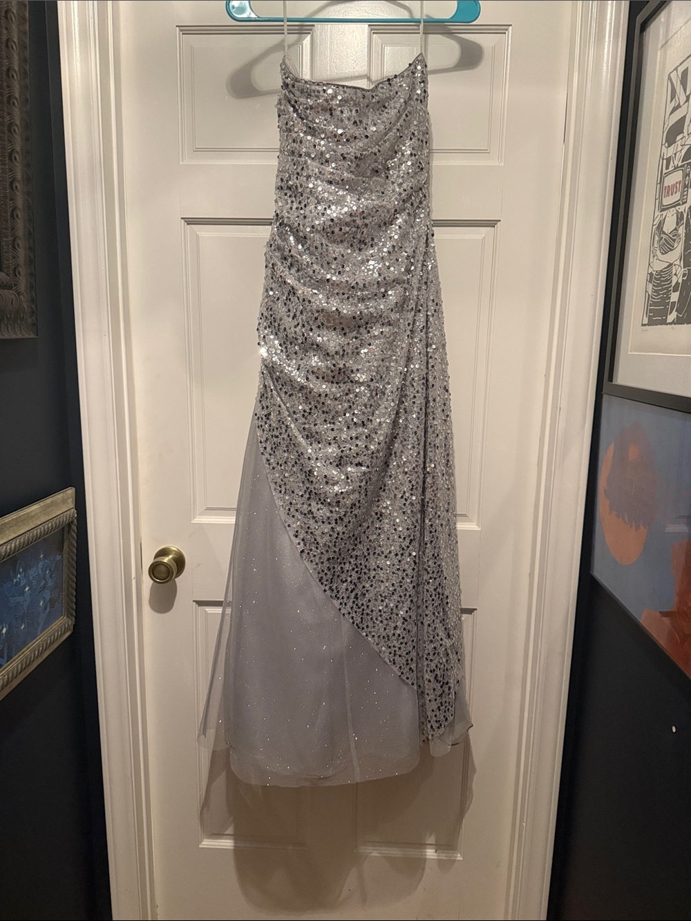Jump Silver Sequin Strapless Evening Gown